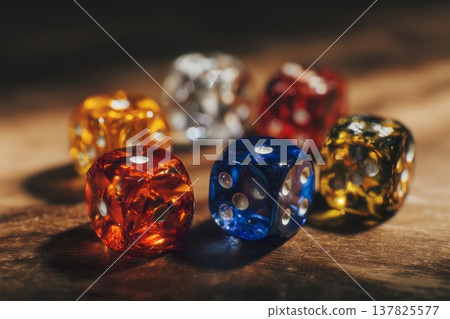 Colorful Dice Create a Captivating Arrangement on a Wooden Surface Generative AI 137825577