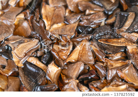 Organically rustic collection. Assorted dried mushrooms arranged on countertop in rustic style. Diverse selection of dried fungi spread across rustic kitchen counter scene 137825592
