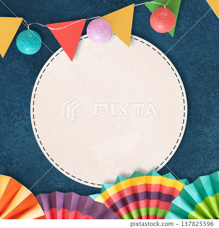 Mexican background with festive paper fans, bunting flags, and central empty space 137825596