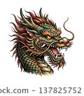 Detailed Asian dragon head illustration with vibrant red, green, and gold scales, fierce expression, isolated on transparent background. 137825752