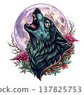 Stylized illustration of a fierce wolf howling at a large purple moon, framed by elegant floral ornaments, isolated on transparent background. 137825753