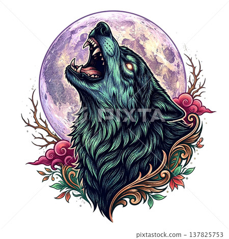 Stylized illustration of a fierce wolf howling at a large purple moon, framed by elegant floral ornaments, isolated on transparent background. Stylized illustration of a fierce wolf howling at a large purple moon, framed by elegant floral ornaments, isolated on transparent background. 137825753