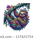 Psychedelic illustration of a smiling sloth hanging from a branch, covered in vibrant, glowing magic mushrooms, isolated on transparent background. 137825754