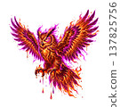 Stunning fantasy illustration of a flying owl completely made of vibrant orange, pink, and purple fire, isolated on a transparent background. 137825756