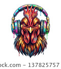 Edgy street art style illustration of a fierce rooster wearing colorful graffiti-painted headphones, isolated on a transparent background. 137825757