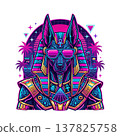 Retro-futuristic Anubis illustration in synthwave style, wearing cool sunglasses with neon pink and blue colors and geometric patterns. on transparent background. 137825758