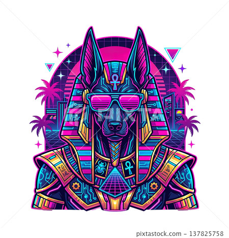 Retro-futuristic Anubis illustration in synthwave style, wearing cool sunglasses with neon pink and blue colors and geometric patterns. on transparent background. 137825758