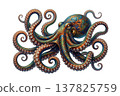Highly detailed octopus illustration featuring intricate mandala and floral patterns on its tentacles, in rich blue and copper tones. on transparent background. 137825759