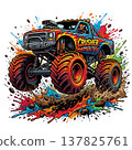 Dynamic illustration of a rugged monster truck jumping through the air, surrounded by vibrant paint splatters on a transparent background. 137825761