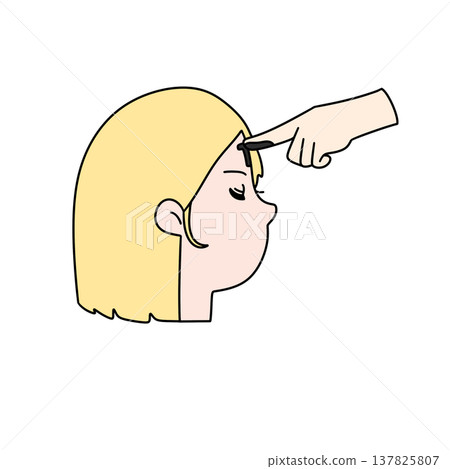 Cartoon hand points at a girl's forehead 137825807