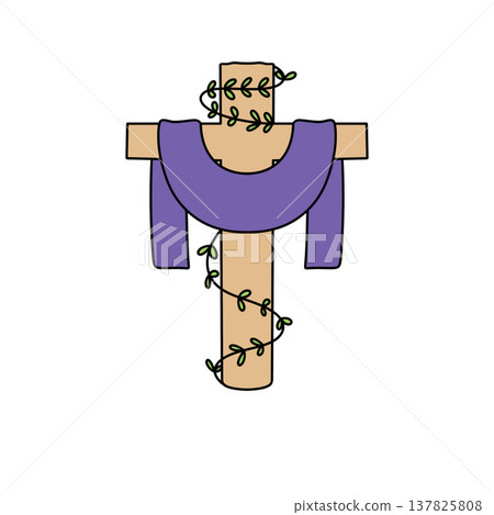 Simple wooden cross with purple draped fabric 137825808