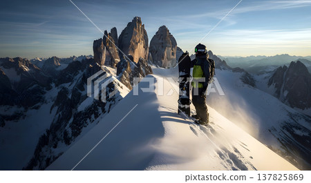 Snowboarder standing on a mountain peak at sunset with a vast snowy landscape 137825869