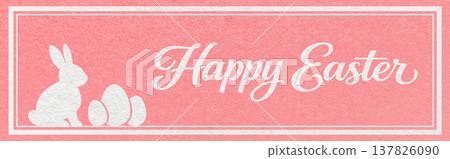 Happy Easter website header with white bunny and eggs silhouette on pink textured paper background with calligraphy lettering Happy Easter website header with white bunny and eggs silhouette on pink textured paper background with calligraphy lettering 137826090