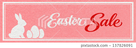Easter sale website header banner with white bunny and eggs silhouette on pink textured paper background with calligraphy lettering Easter sale website header banner with white bunny and eggs silhouette on pink textured paper background with calligraphy lettering 137826091