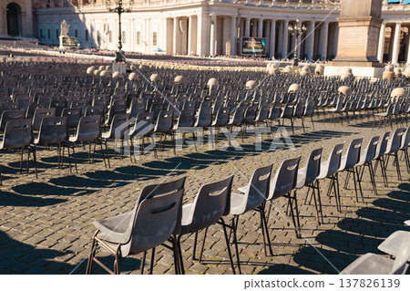Empty chairs arranged in St Peter Square Vatican Empty chairs arranged in St Peter Square Vatican 137826139