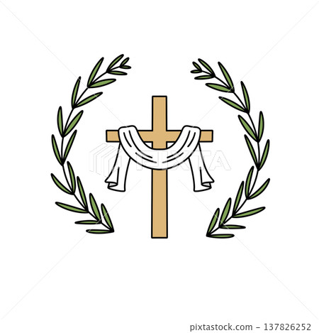 Simple cross wrapped in white cloth, flanked by green laurel branches Simple cross wrapped in white cloth, flanked by green laurel branches 137826252