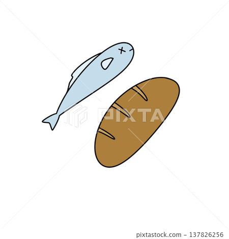 Simple cartoon fish swims beside loaf of bread Simple cartoon fish swims beside loaf of bread 137826256