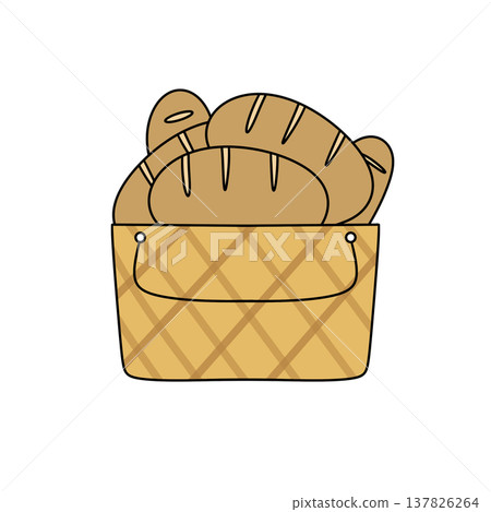 Golden loaves sit nestled in a woven basket 137826264