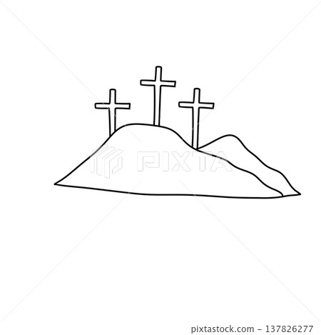 Simple line drawing of three crosses atop a hill Simple line drawing of three crosses atop a hill 137826277