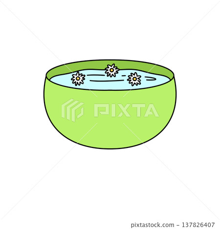 Green bowl holds calm water with floating daisies Green bowl holds calm water with floating daisies 137826407