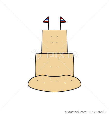 Sandcastle stands tall with two flags atop 137826410