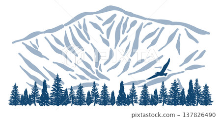 堀尻山/北海道：山巒輪廓、鳥類和森林。 137826490