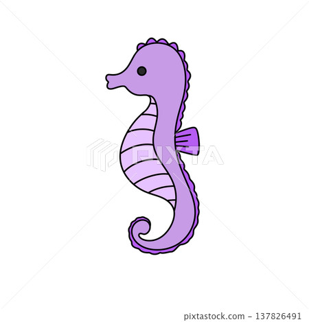 Cute purple seahorse with striped body and curled tail 137826491