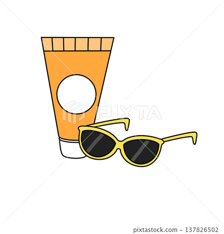 Bright orange sunscreen tube beside yellow sunglasses Bright orange sunscreen tube beside yellow sunglasses 137826502