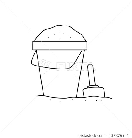 Simple line drawing of a sand bucket and shovel 137826535