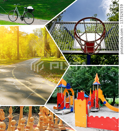 Vibrant park activities collage featuring a bicycle, basketball hoop, autumn path, colorful children's playground, and outdoor giant chess. Concept of active lifestyle and urban recreation. Vibrant park activities collage featuring a bicycle, basketball hoop, autumn path, colorful children's playground, and outdoor giant chess. Concept of active lifestyle and urban recreation. 137826559