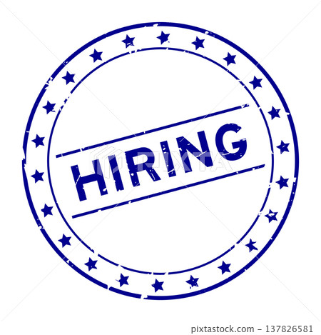 Grunge blue hiring word round rubber seal stamp on white background 137826581