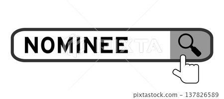 Search banner in word nominee with hand over magnifier icon on white background Search banner in word nominee with hand over magnifier icon on white background 137826589