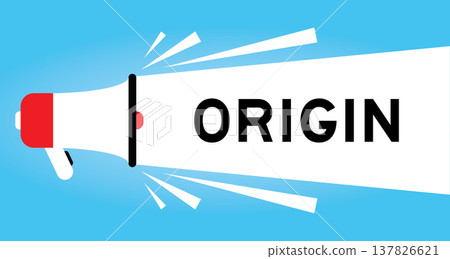 Color megaphone icon with word origin in white banner on blue background Color megaphone icon with word origin in white banner on blue background 137826621