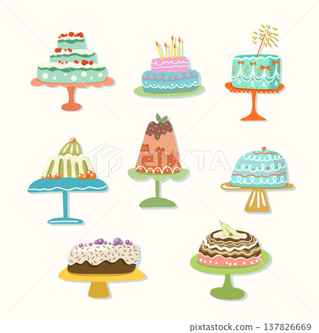 Colorful vintage cake set, flat hand drawn vector desserts with icing, toppings and cake stands Colorful vintage cake set, flat hand drawn vector desserts with icing, toppings and cake stands 137826669
