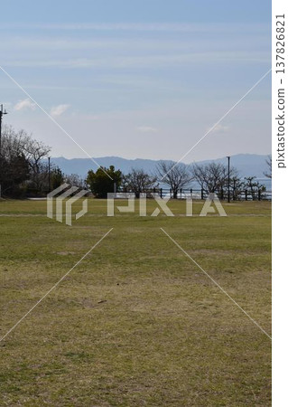 綠草茵茵的公園和瀨戶內海的景色（垂直） 137826821