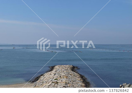 水產養殖筏和突出的石質防波堤 水產養殖筏和突出的石質防波堤 137826842