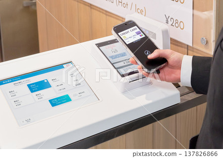 Image of using a self-checkout machine that supports cashless payment. Image of using a self-checkout machine that supports cashless payment. 137826866