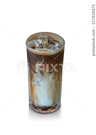 brown and white latte coffee, honey, and a toasted nest and ice in the glass on white floor background, drink, cool, food, copy space 137826873