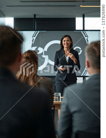 Confident businesswoman smiling while presenting to a group of colleagues seen from the audience's perspective in a bright office boardroom. Confident businesswoman smiling while presenting to a group of colleagues seen from the audience's perspective in a bright office boardroom. 137826990