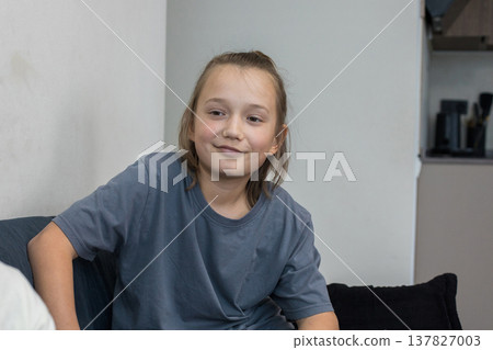 Blond boy 10 years old at home portrait 137827003