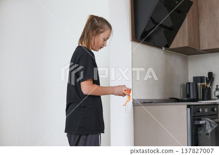 Happy young boy at home, domestic life 137827007