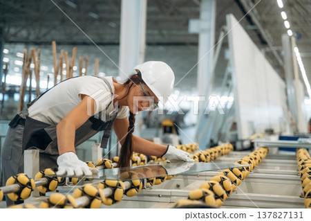 Pieces of new glass, on the production line. Woman is in the window making factory Pieces of new glass, on the production line. Woman is in the window making factory 137827131