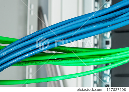 large group of UTP cables, Ethernet cables in rack cabinet, lead large group of UTP cables, Ethernet cables in rack cabinet, lead 137827208