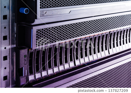 Array of data storage hard drives in internet data center 137827209