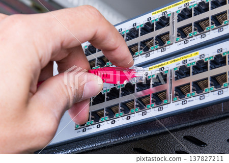hand with red ethernet cable 137827211