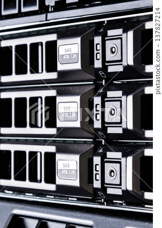 Array of data storage hard drives in internet data center 137827214