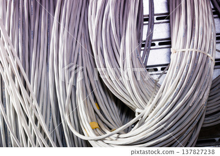 bunch of network cables in wave pattern leading across server ro bunch of network cables in wave pattern leading across server ro 137827238
