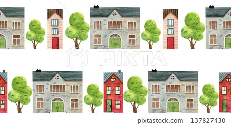 Set of seamless borders featuring cozy watercolor houses and trees. Hand drawn drawing of a building. Set of seamless borders featuring cozy watercolor houses and trees. Hand drawn drawing of a building. 137827430