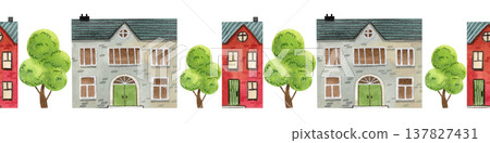 Seamless border with cozy watercolor houses and trees. Hand drawn drawing of the building. Seamless border with cozy watercolor houses and trees. Hand drawn drawing of the building. 137827431