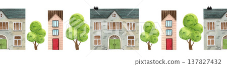 Seamless border with cozy watercolor houses and trees. Hand drawn illustration of light-colored buildings. 137827432